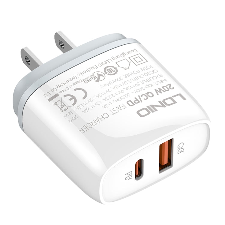 LDNIO Q229 QC3.0 / PD20W USB + Type-C Fast Charger with 1m Type-C to 8 Pin Cable, Plug Type:US Plug(White)