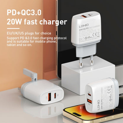 Chargeur rapide LDNIO Q229 QC3.0 / PD20W USB + Type-C avec câble Type-C vers 8 broches de 1 m, Type de prise : Prise UE (blanc)
