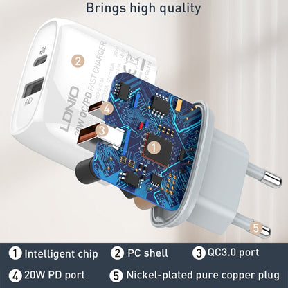 LDNIO Q229 QC3.0 / PD20W USB + Type-C Fast Charger with 1m Type-C to 8 Pin Cable, Plug Type:UK Plug(White)