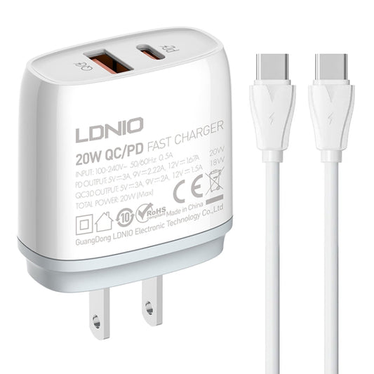 Chargeur rapide LDNIO Q229 QC3.0 / PD20W USB + Type-C avec câble 1m Type-C vers Type-C, Type de prise : Prise US (Blanc)