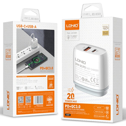 LDNIO Q229 QC3.0 / PD20W USB + Type-C Fast Charger with 1m Type-C to Type-C Cable, Plug Type:UK Plug(White)