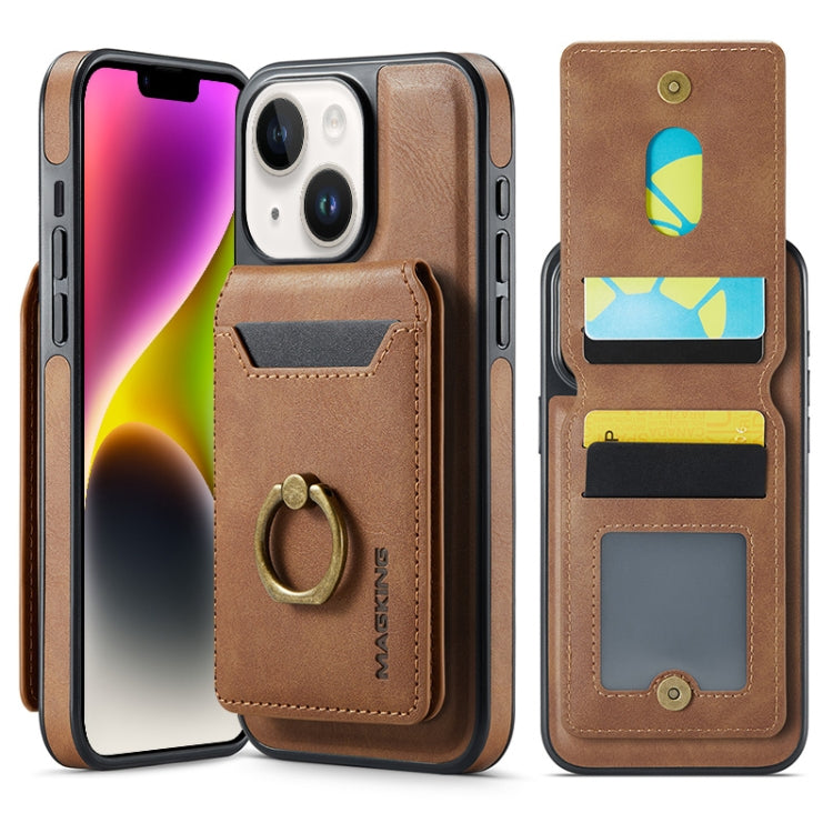 For iPhone 14 Plus MAGKING K1 MagSafe Detachable Wallet RFID Back Cover Phone Case(Brown)