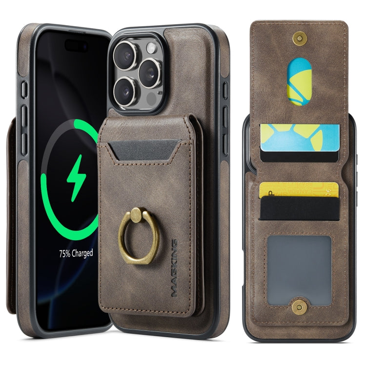 For iPhone 16 Pro MAGKING K1 MagSafe Detachable Wallet RFID Back Cover Phone Case(Coffee)