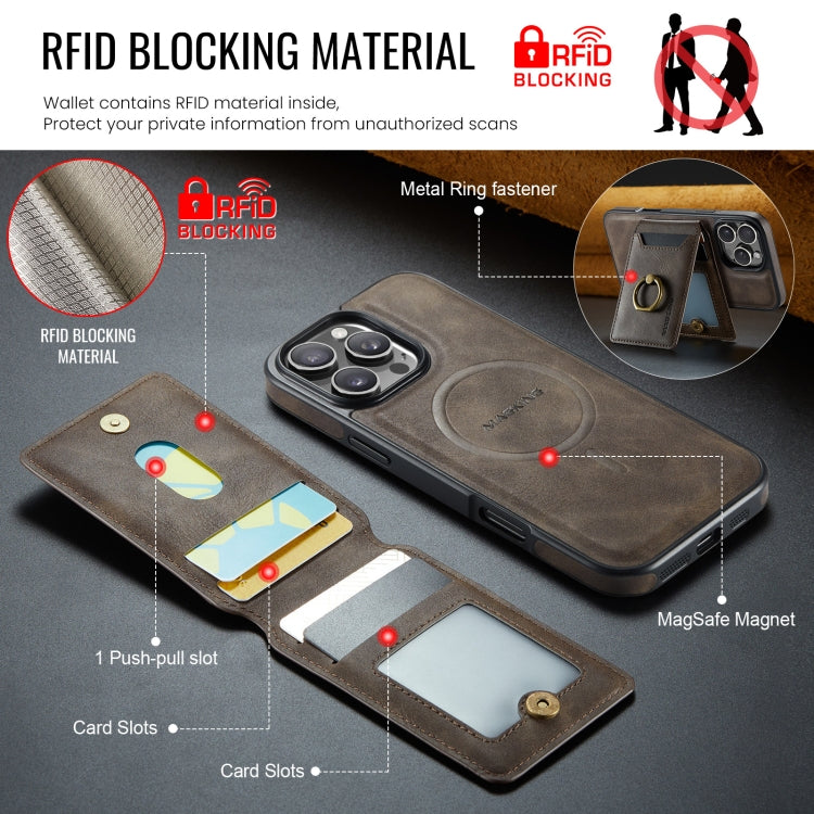 For iPhone 16 Pro MAGKING K1 MagSafe Detachable Wallet RFID Back Cover Phone Case(Coffee)