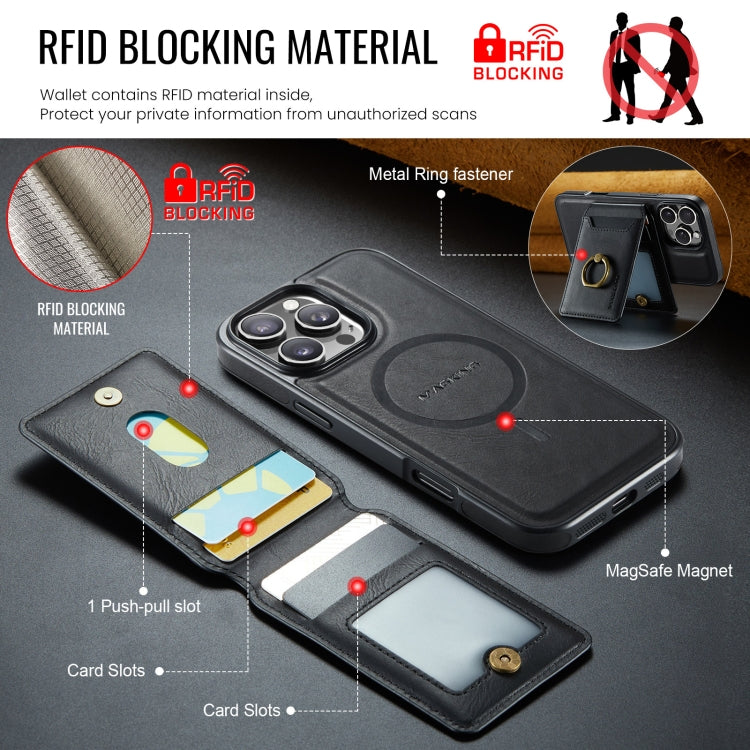For iPhone 16 Pro MAGKING K1 MagSafe Detachable Wallet RFID Back Cover Phone Case(Black)