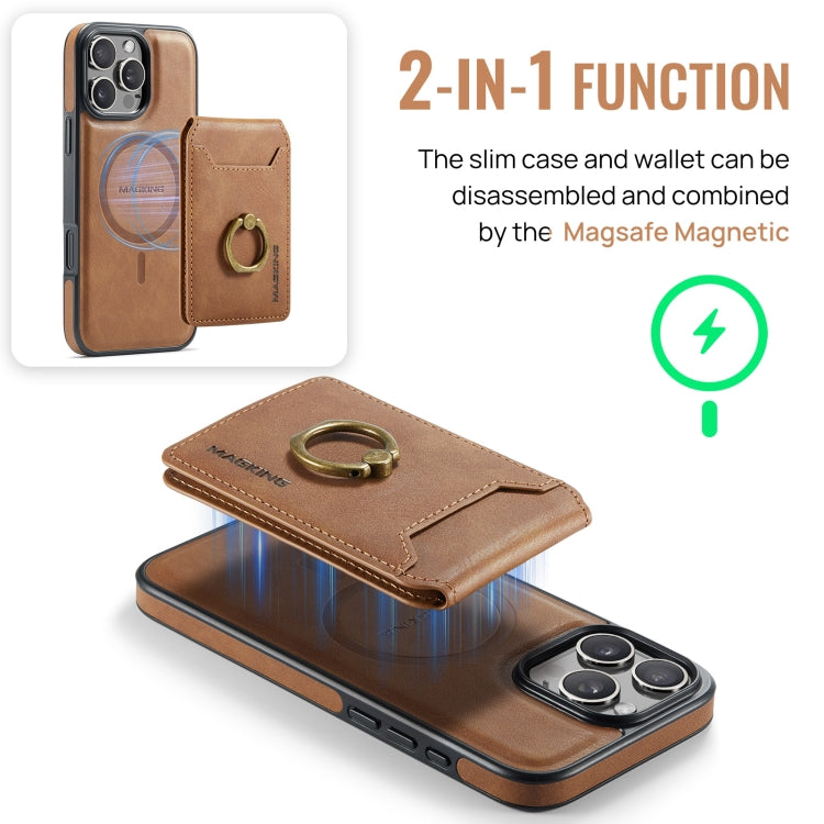 For iPhone 16 Pro MAGKING K1 MagSafe Detachable Wallet RFID Back Cover Phone Case(Brown)