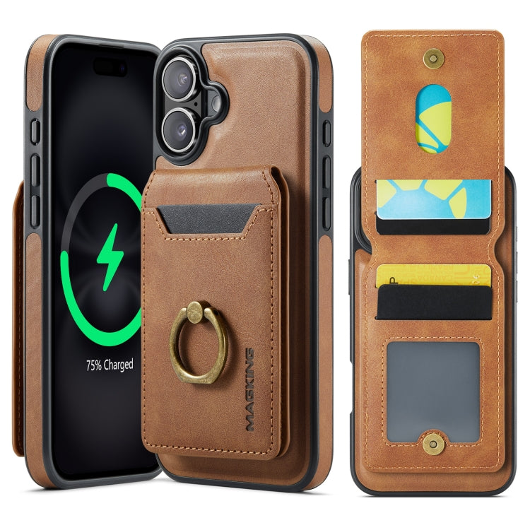 For iPhone 16 Plus MAGKING K1 MagSafe Detachable Wallet RFID Back Cover Phone Case(Brown)