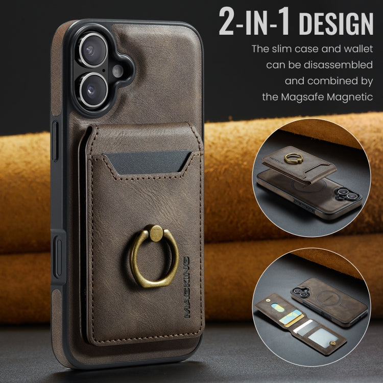 For iPhone 16 MAGKING K1 MagSafe Detachable Wallet RFID Back Cover Phone Case(Coffee)