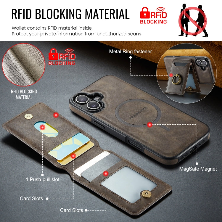 For iPhone 16 MAGKING K1 MagSafe Detachable Wallet RFID Back Cover Phone Case(Coffee)
