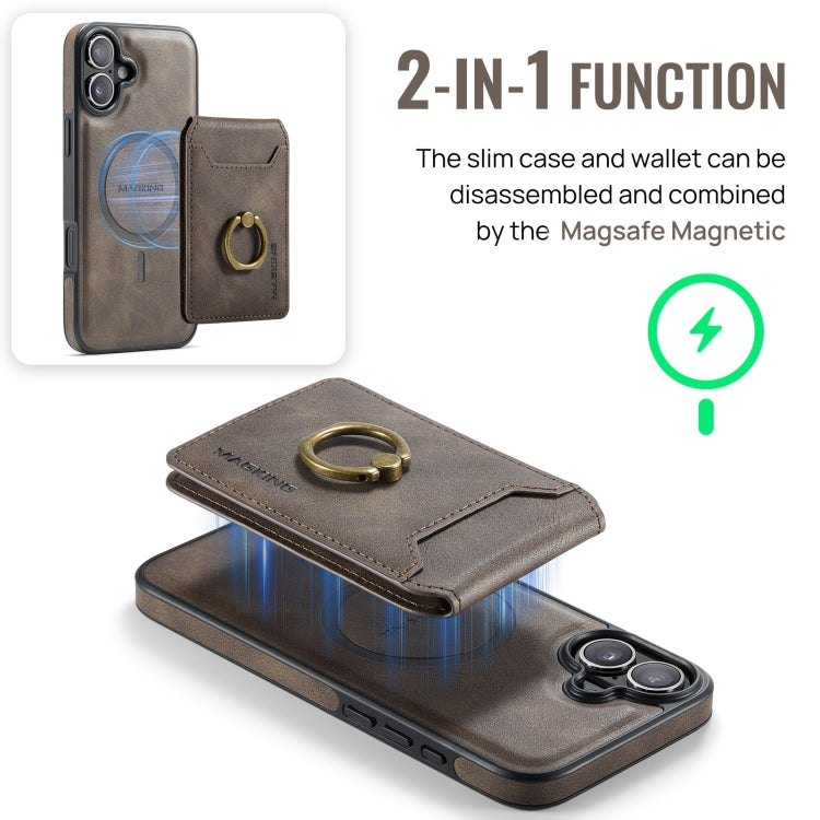 For iPhone 16 MAGKING K1 MagSafe Detachable Wallet RFID Back Cover Phone Case(Coffee)