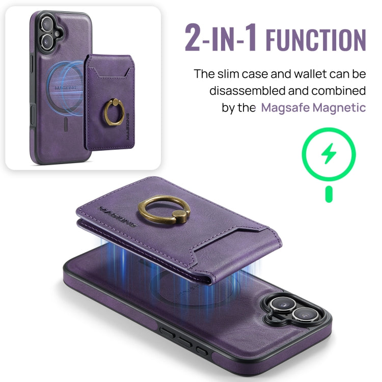 For iPhone 16 MAGKING K1 MagSafe Detachable Wallet RFID Back Cover Phone Case(Purple)