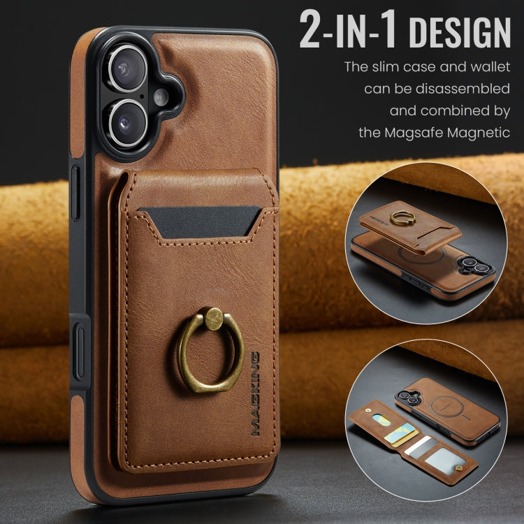 For iPhone 16 MAGKING K1 MagSafe Detachable Wallet RFID Back Cover Phone Case(Brown)