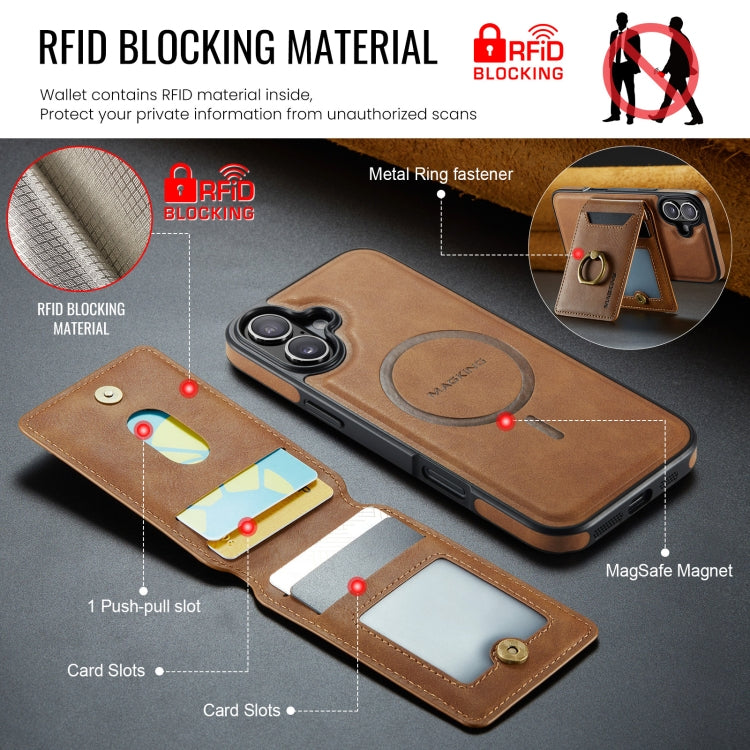 For iPhone 16 MAGKING K1 MagSafe Detachable Wallet RFID Back Cover Phone Case(Brown)