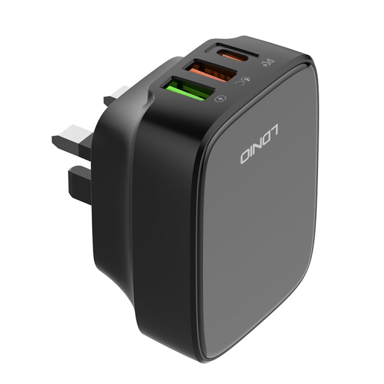 LDNIO Q334 32W Type-C + Dual USB Port Charger with 1m 8 Pin Data Cable, Plug Type:UK Plug(Black)