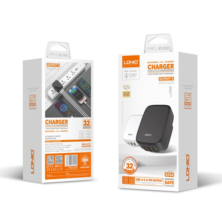 LDNIO Q334 32W Type-C + Dual USB Port Charger with 1m 8 Pin Data Cable, Plug Type:UK Plug(Black)