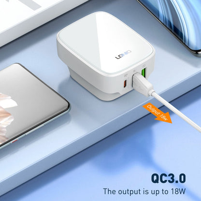 LDNIO Q334 32W Type-C + Dual USB Port Charger with 1m 8 Pin Data Cable, Plug Type:EU Plug(Black)