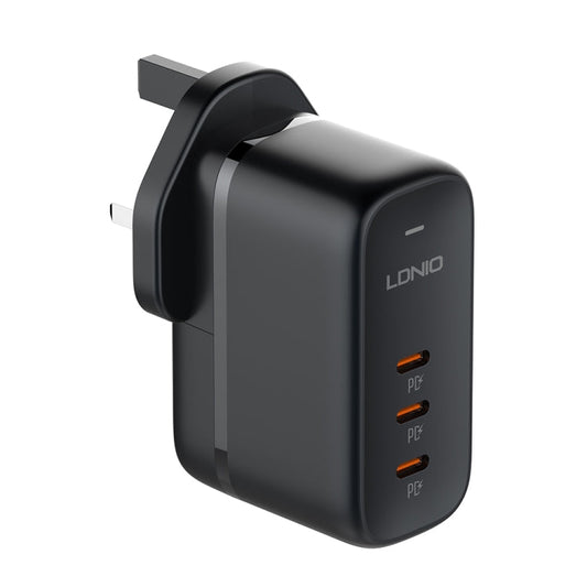 Chargeur LDNIO Q367 65W GaN 3 ports USB-C / Type-C avec câble de données USB-C / Type-C vers USB-C / Type-C de 1m, Type de prise : prise britannique (noir)