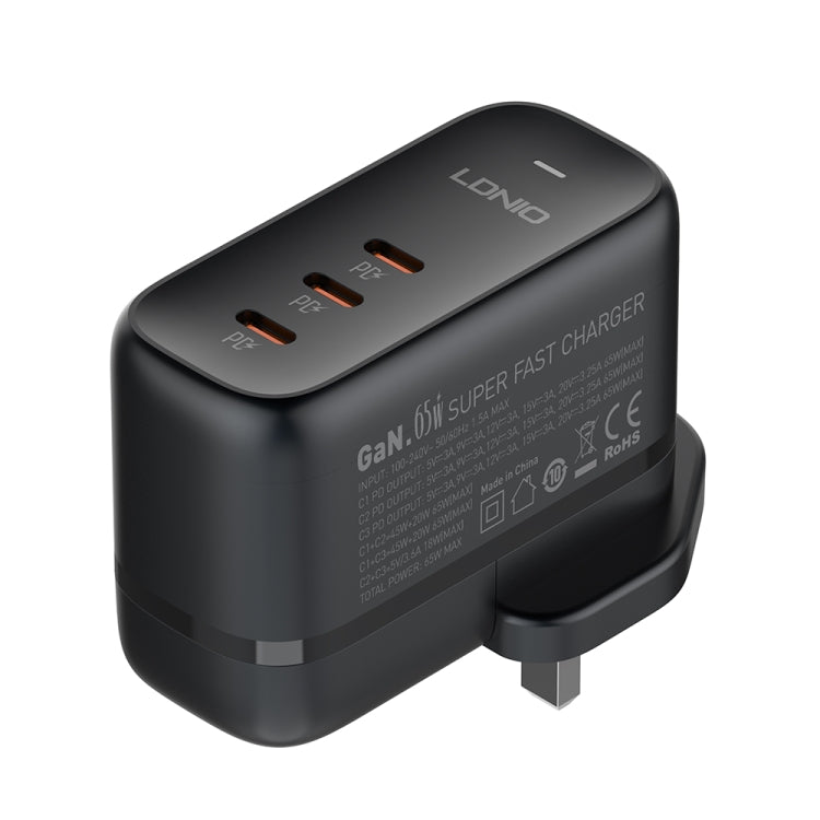 LDNIO Q367 65W GaN 3 x USB-C / Type-C Interface Charger with 1m USB-C / Type-C to USB-C / Type-C Data Cable, Plug Type:UK Plug(Black)