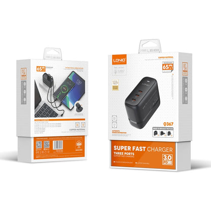 LDNIO Q367 65W GaN 3 x USB-C / Type-C Interface Charger with 1m USB-C / Type-C to USB-C / Type-C Data Cable, Plug Type:US Plug(Black)