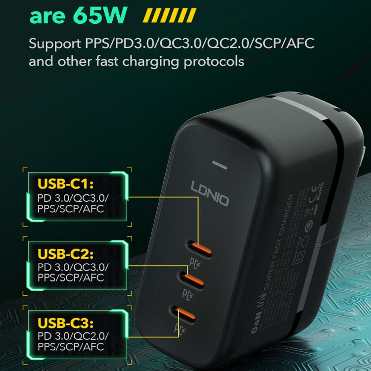 LDNIO Q367 65W GaN 3 x USB-C / Type-C Interface Charger with 1m USB-C / Type-C to USB-C / Type-C Data Cable, Plug Type:US Plug(Black)