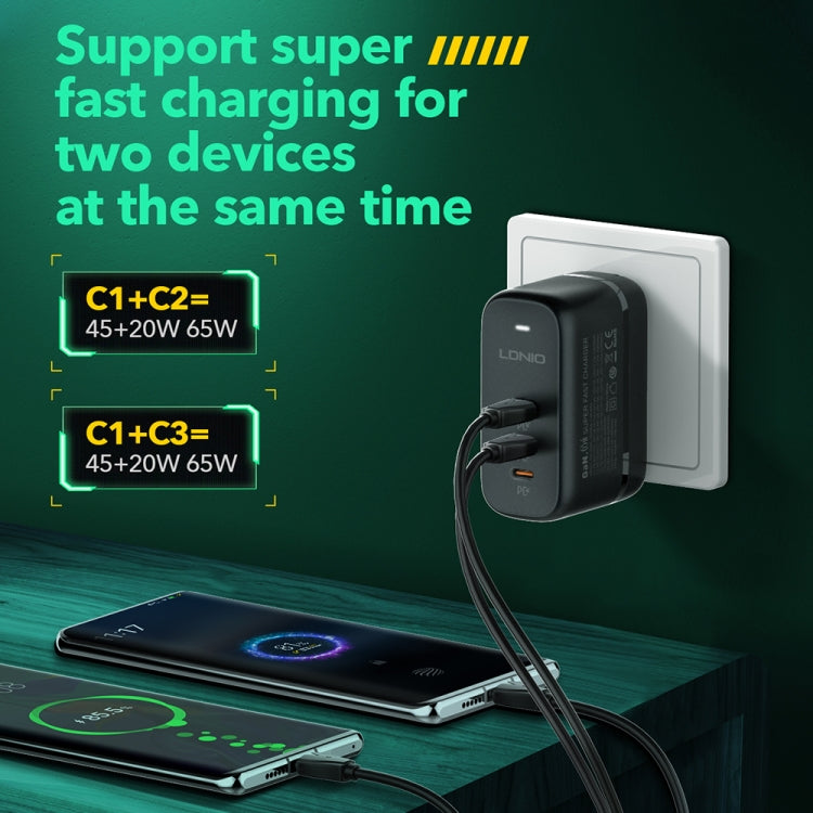LDNIO Q367 65W GaN 3 x USB-C / Type-C Interface Charger with 1m USB-C / Type-C to USB-C / Type-C Data Cable, Plug Type:US Plug(Black)