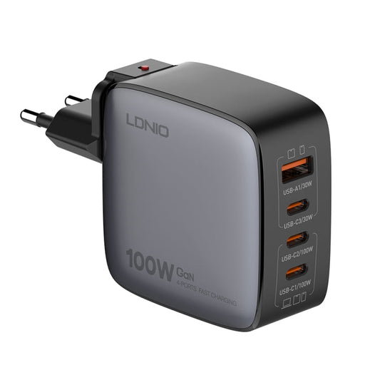 Chargeur LDNIO Q408 100W GaN USB+3 USB-C / Type-C avec câble de données USB-C / Type-C vers USB-C / Type-C de 1 m 100W, Type de prise : prise UE (Noir)