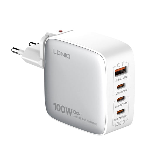 Chargeur GaN USB+3 USB-C / Type-C LDNIO Q408 100W avec câble de données USB-C / Type-C vers USB-C / Type-C de 1m 100W, Type de prise : Prise EU (Blanc)