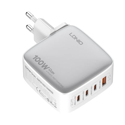 LDNIO Q408 100W GaN USB+3 USB-C / Type-C Interface Charger with 1m 100W USB-C / Type-C to USB-C / Type-C Data Cable, Plug Type:EU Plug(White)