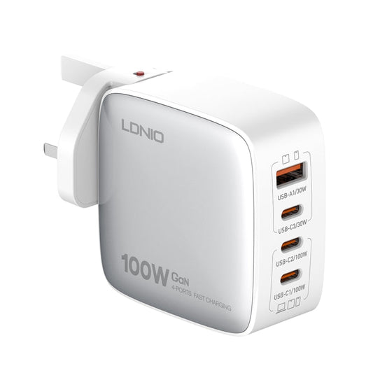 Chargeur d'interface GaN USB+3 USB-C / Type-C LDNIO Q408 100W avec câble de données USB-C / Type-C vers USB-C / Type-C de 1 m 100W, Type de prise : prise britannique (blanc)