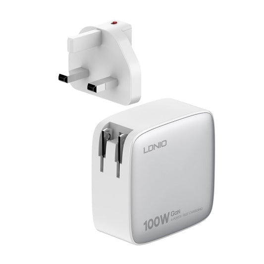 Chargeur d'interface GaN USB+3 USB-C / Type-C LDNIO Q408 100W avec câble de données USB-C / Type-C vers USB-C / Type-C de 1 m 100W, Type de prise : prise britannique (blanc)
