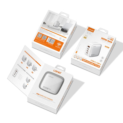 LDNIO Q408 100W GaN USB+3 USB-C / Type-C Interface Charger with 1m 100W USB-C / Type-C to USB-C / Type-C Data Cable, Plug Type:EU Plug(White)