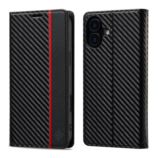 Pour iPhone 16 LC.IMEEKE Étui en cuir avec fibre de carbone (noir vertical)