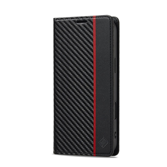 Pour iPhone 16 LC.IMEEKE Étui en cuir avec fibre de carbone (noir vertical)