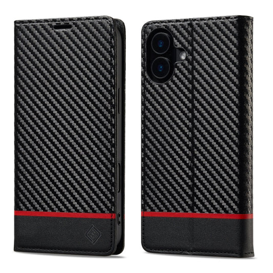 Pour iPhone 16 LC.IMEEKE Étui de téléphone en cuir fibre de carbone (noir horizontal)