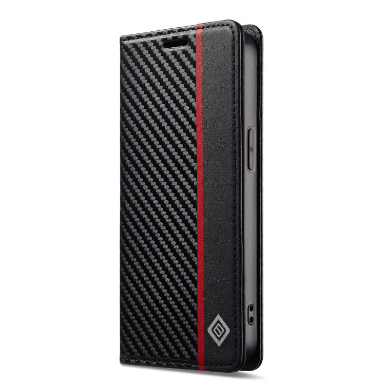 For iPhone 17e / 16e LC.IMEEKE Carbon Fiber Leather Phone Case(Vertical Black)