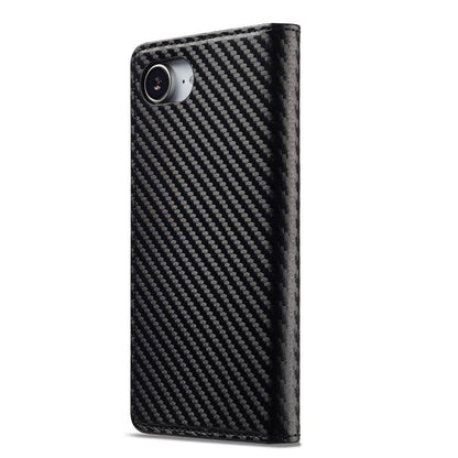 For iPhone 17e / 16e LC.IMEEKE Carbon Fiber Leather Phone Case(Vertical Black)
