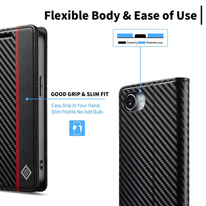 For iPhone 17e / 16e LC.IMEEKE Carbon Fiber Leather Phone Case(Vertical Black)