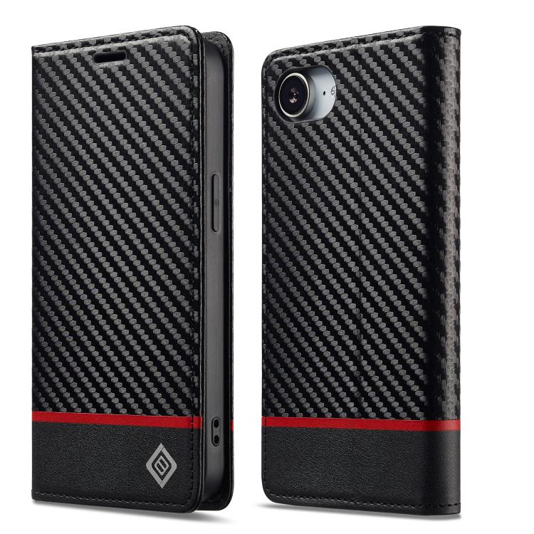Pour iPhone 17e / 16e Coque de téléphone en cuir fibre de carbone LC.IMEEKE (Noir horizontal)