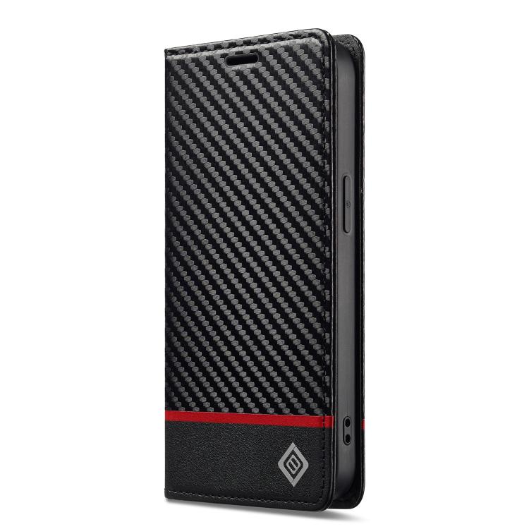 Pour iPhone 17e / 16e Coque de téléphone en cuir fibre de carbone LC.IMEEKE (Noir horizontal)