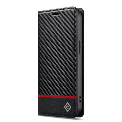 Pour iPhone 17e / 16e Coque de téléphone en cuir fibre de carbone LC.IMEEKE (Noir horizontal)