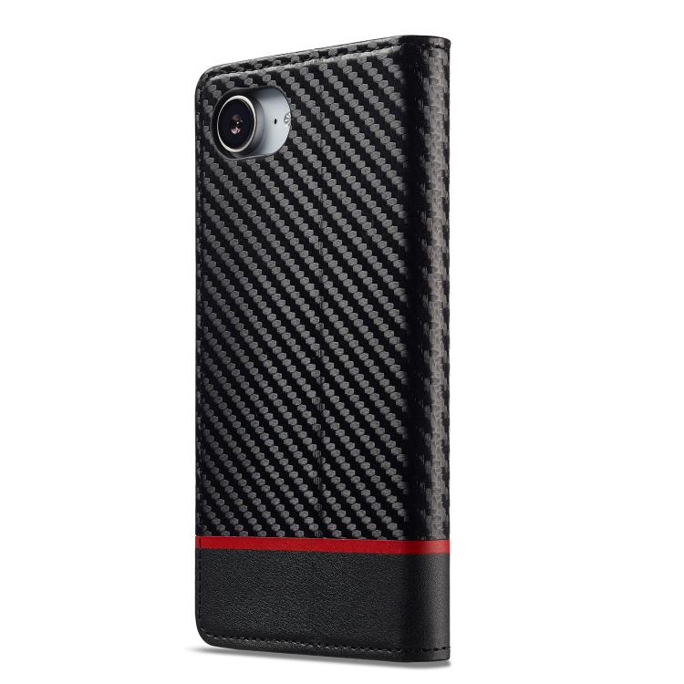 Pour iPhone 17e / 16e Coque de téléphone en cuir fibre de carbone LC.IMEEKE (Noir horizontal)