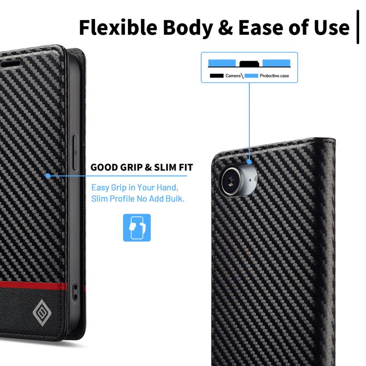 Pour iPhone 17e / 16e Coque de téléphone en cuir fibre de carbone LC.IMEEKE (Noir horizontal)