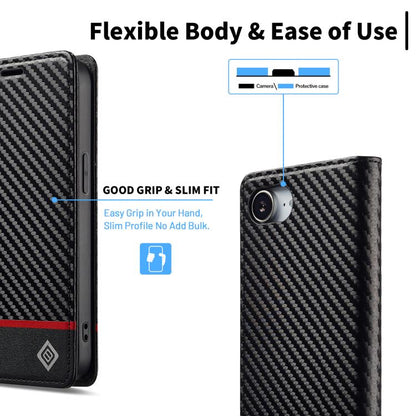 Pour iPhone 17e / 16e Coque de téléphone en cuir fibre de carbone LC.IMEEKE (Noir horizontal)