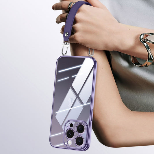 For iPhone 15 Pro Max SULADA  Electroplated Clear TPU Soft Frame Phone Case with Wrist Strap(Purple)