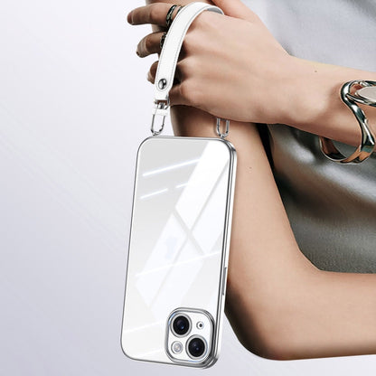 For iPhone 15 SULADA  Electroplated Clear TPU Soft Frame Phone Case with Wrist Strap(Silver)