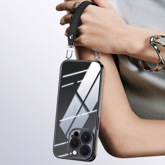 Pour iPhone 14 Pro Max SULADA Coque de téléphone en TPU souple transparente galvanisée avec dragonne (Noir)