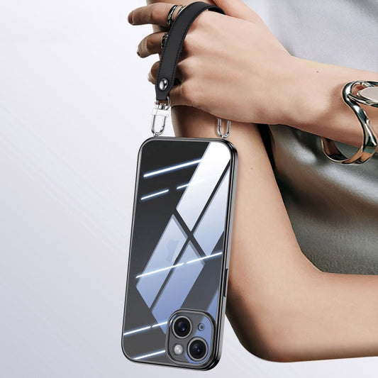 For iPhone 14 SULADA  Electroplated Clear TPU Soft Frame Phone Case with Wrist Strap(Black)