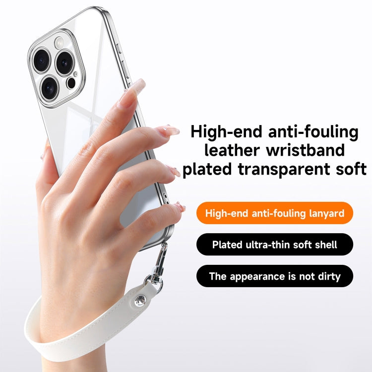 For iPhone 13 Pro Max SULADA  Electroplated Clear TPU Soft Frame Phone Case with Wrist Strap(Silver)