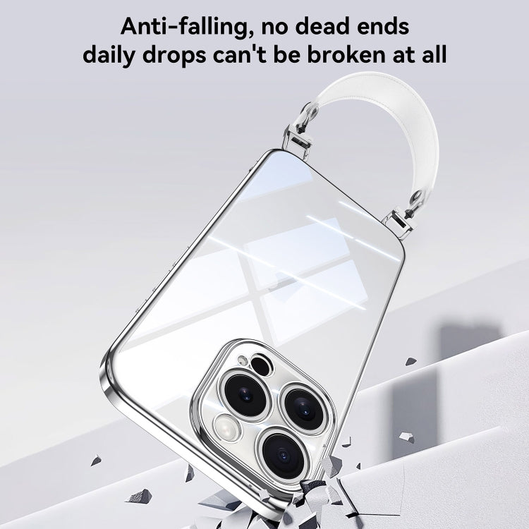 For iPhone 14 Pro Max SULADA  Electroplated Clear TPU Soft Frame Phone Case with Wrist Strap(Silver)