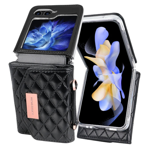 For Samsung Galaxy Z Flip6 / Flip7 FE VIETAO Rhombic Texture Wallet PU Phone Case with Long Lanyard(Black)